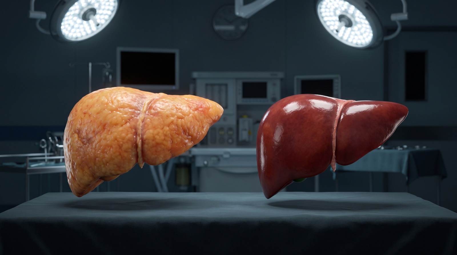 A fatty, fat-laden liver beside a clear healthy liver