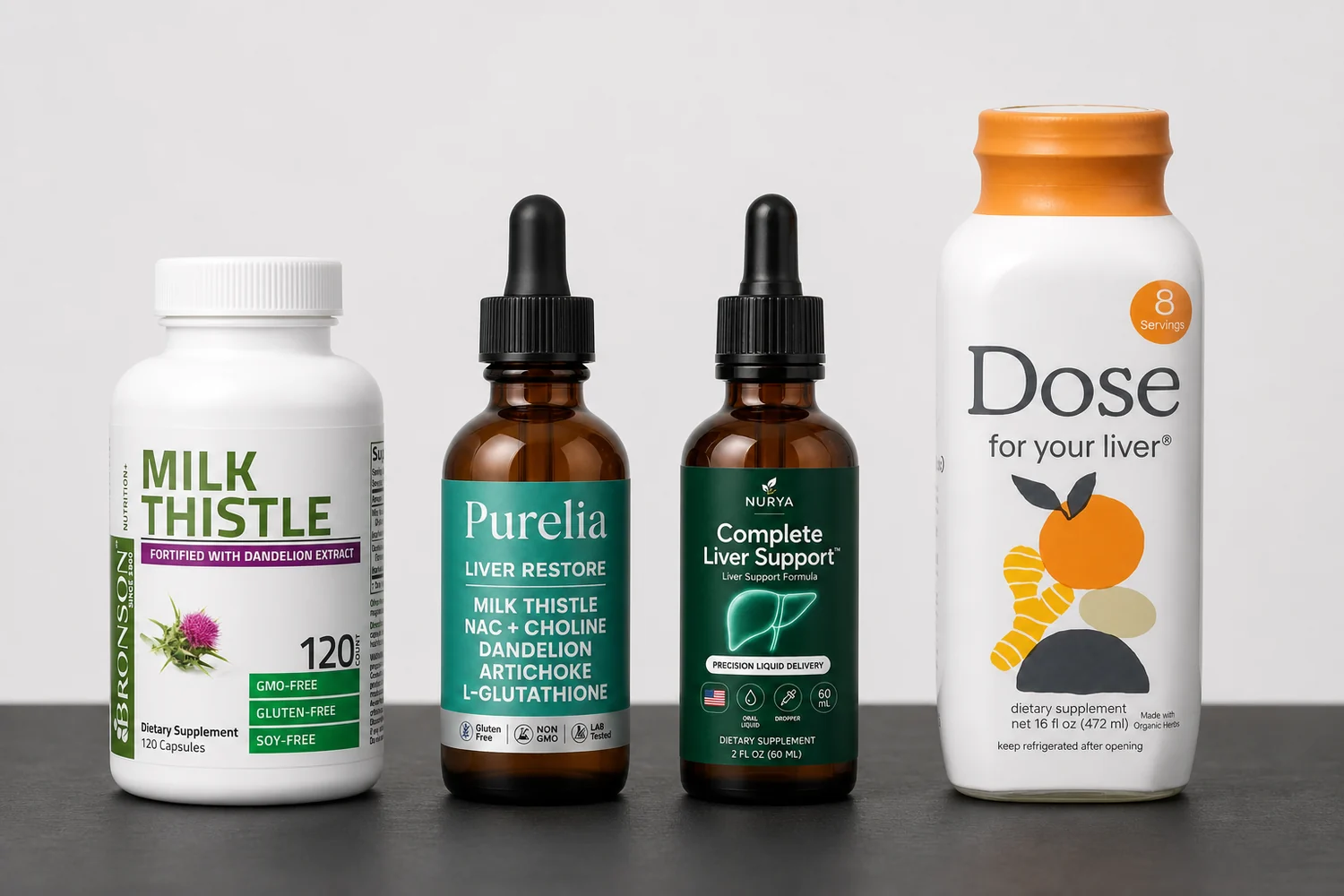 NURYA Complete Liver Support, Purelia Liver Restore, Bronson Milk Thistle and Dose for Your Liver side by side
